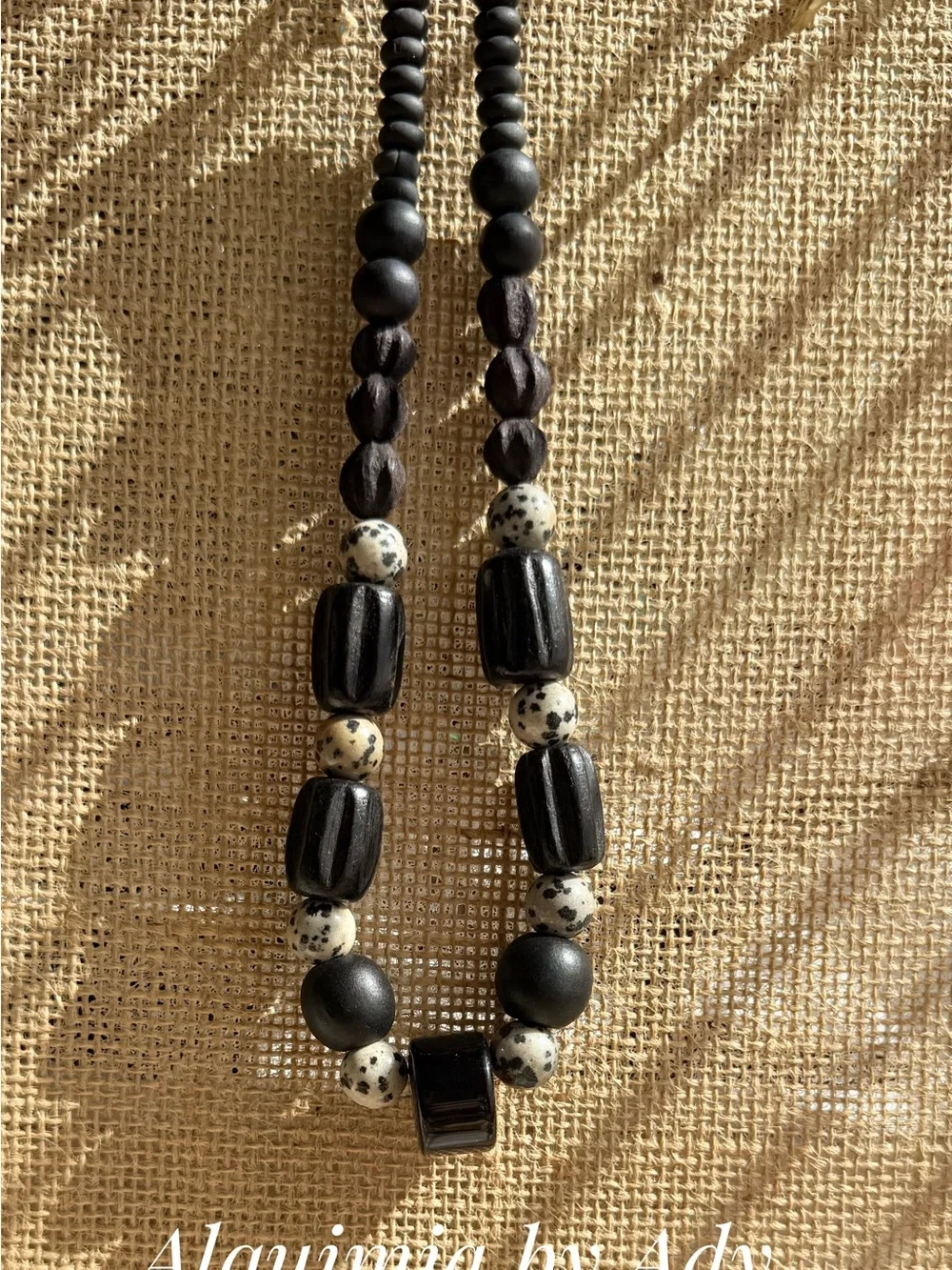 HIGH SUMMER + Black Faceted & Textured Beaded Necklace Dalmatian jasper